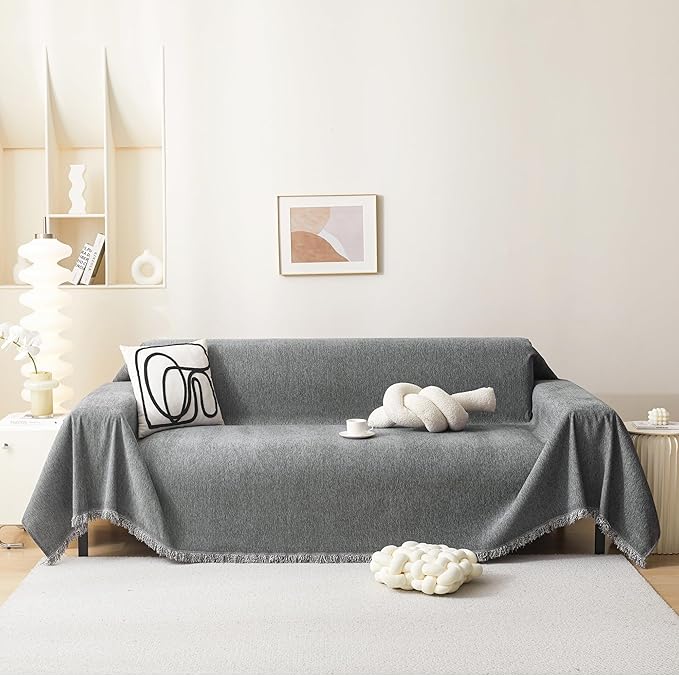 MEETSKY Couch Cover 91 Inch Large Couch Covers for 3 Cushion Couch with Tassel Edge, Modern Couch Cover for Dogs Washable Pet Sofa Slipcover for Cats Universal Sofa Throw Cover, 91"x150", Grey