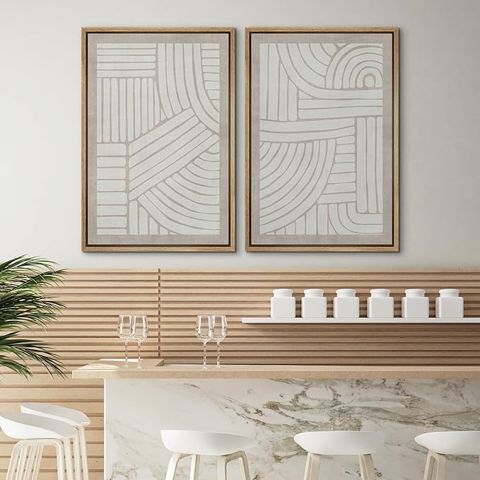 SIGNWIN Framed Canvas Print Wall Art Set Grunge Tribal Pattern Landscape Abstract Shapes Cozy Neutral Minimal Decorative Nordic Zen Bohemian for Living Room, Bedroom, Office - 24"x36"x2 Natural