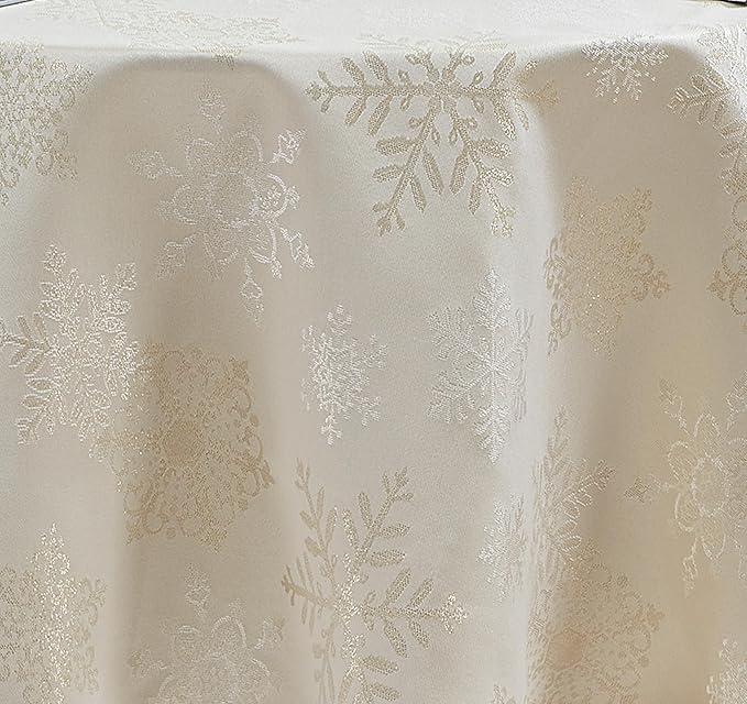 Newbridge Fancy Metallic Snowflake Christmas Fabric Tablecloth, 60 x 102 Inch Rectangle, Ivory Gold, No-Iron Soil Resistant Sparkling Snowflakes Woven Holiday Table Cover
