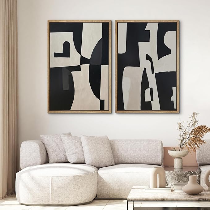 SIGNWIN Framed Canvas Print Wall Art Set Black and Beige Abstract Geometric Modern Bold Minimalist Illustrations Minimal Decorative Zen Bohemian for Living Room, Bedroom, Office - 24"x36"x2 Natural