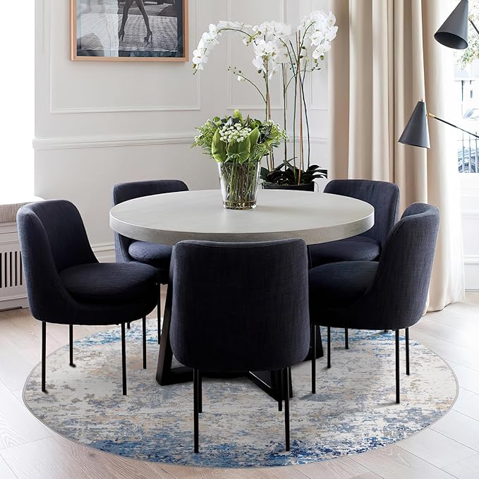 Modern Abstract 4x4 Round Area Rug Non Slip Non Shedding Rug Low Pile Stain Resistant for Bedroom Living Room Office Dining Room,Blue/Grey