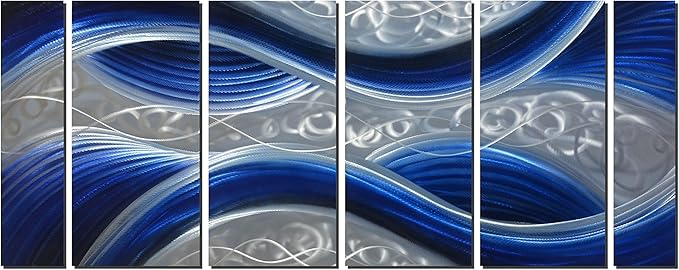 Handcrafted Abstract Metal Wall Art with Soft Color, Large Scale Decor in Huge Blue Line Design, 3D Artwork for Indoor Outdoor Wall Decorations, 6-Panels Metal Art Measure 24"x 65"