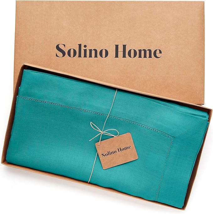 Solino Home Linen Tablecloth 54 x 72 Inch - Classic Hemstitch 100% Pure Linen Teal Table Cloth for Rectangle Tables - Machine Washable Tablecloth for Fall, Autumn