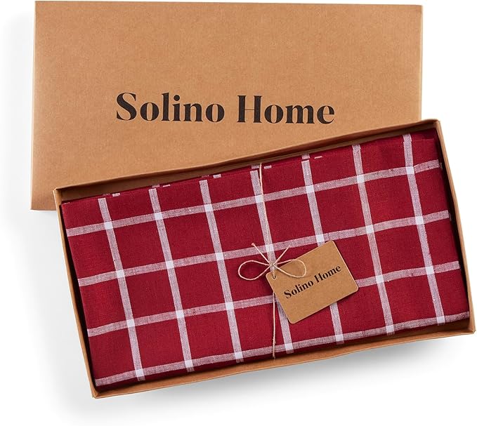 Solino Home Linen Tablecloth 52 x 52 Inch - 100% Pure Linen Windowpane Red Square Tablecloth for Christmas, Xmas - Machine Washable Table Throw