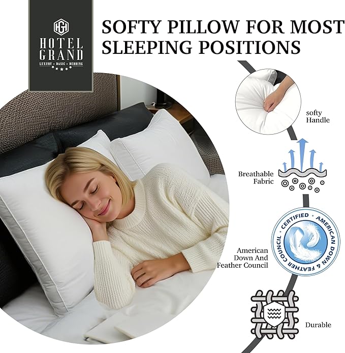 Hotel Grand Goose Feather Down Fiber Pillows King Size Set of 2, 100% Cotton Cover Hotel Collection Gusseted Bed Pillows for Back, Stomach or Side Sleepers, White