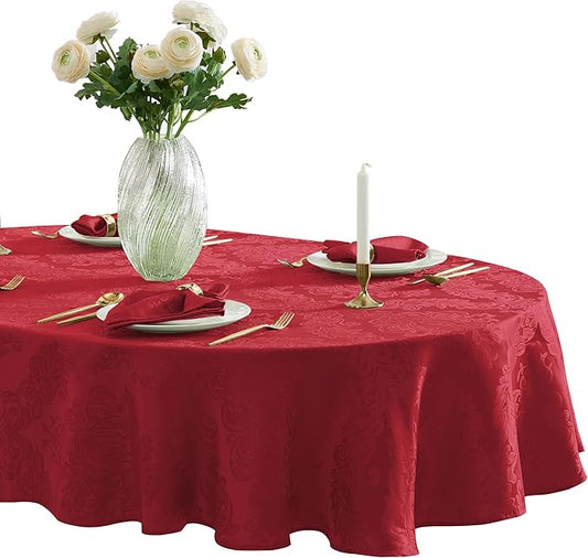 Newbridge Barcelona Damask Fabric Tablecloth, 60 x 84 Inch Oval, Red – No Iron, Soil Resistant Table Cover for Dining, Parties and Holidays
