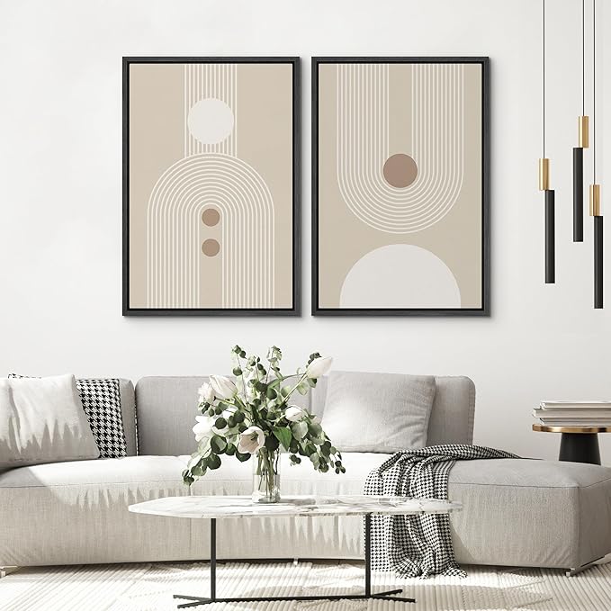 SIGNWIN Framed Canvas Print Wall Art Set Retro Nordic Geometric Pattern Abstract Shapes Cozy Neutral Modern Art Decorative Nordic Multicolor for Living Room, Bedroom, Office - 24"x36"x2 Black