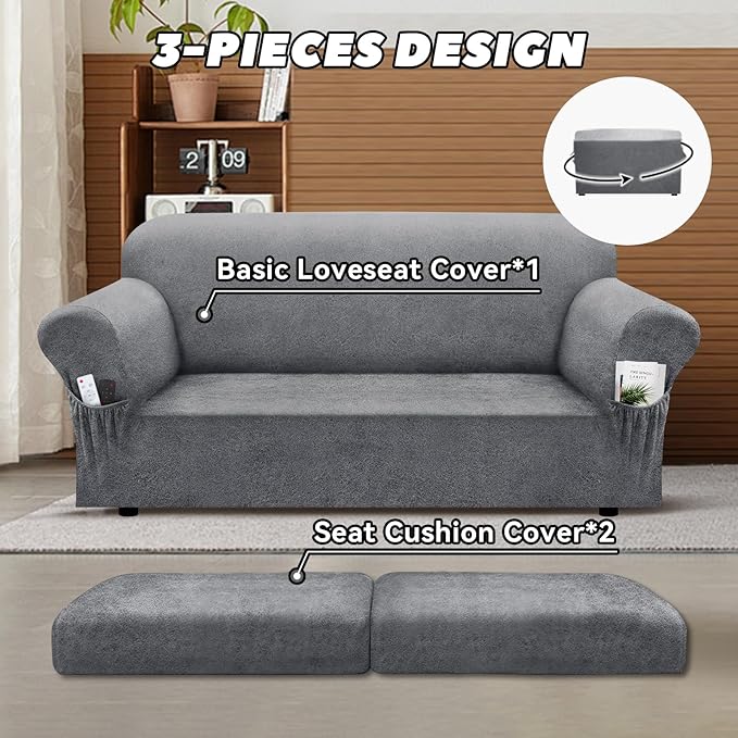 Loveseat Slipcover with Armrest Pockets 3-Piece Set, Stretch Faux Leather Love Seat Covers for 2-Cushion Couches(Fits 58-66") - Non-Slip, Machine Washable, Pet & Kid Friendly - Light Gray