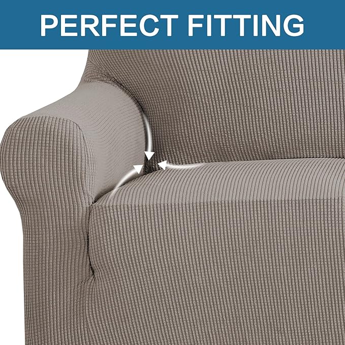 H.VERSAILTEX Stretch Sofa Covers for 3 Cushion Couch Slip Covers for Sofas/Couches Feature Thick Checked Jacquard Fabric with Elastic Bottom, Sofa Large - Taupe
