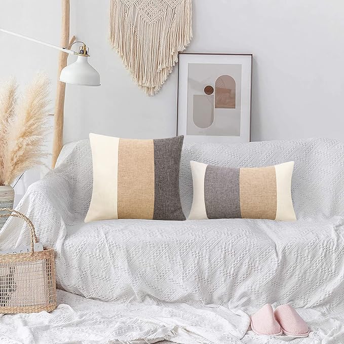 Pyonic Boho Farmhouse Throw Pillow Covers 18x18,Decorative Square Pillowcases Home Cushion Covers Case for Bed Couch Sofa,Tan Cream White and Grey,Set of 2