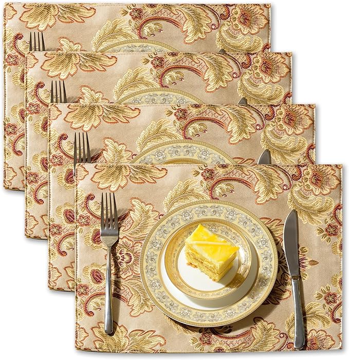 Extra Luxury Velvet Blue Table Runner 120 Inches Long with Vintage Damask Jacquard Design for Dining Room,Living Room,Home Decor,Elegant Beaded Tapestry (Dark Gold, 4 Piece 13×18 Placemats)