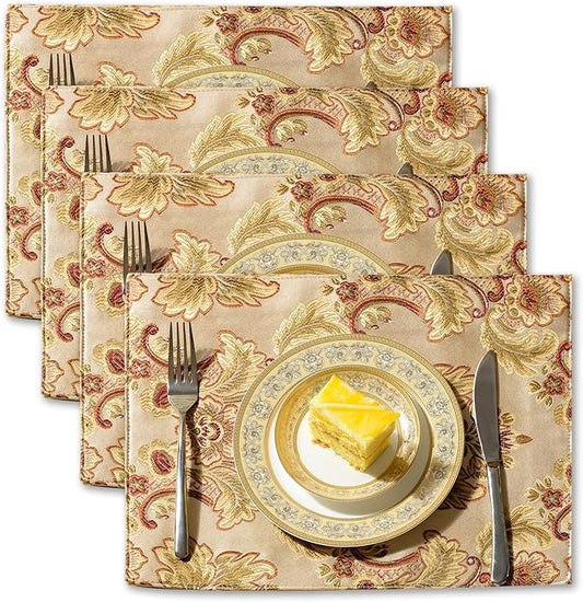 Extra Luxury Velvet Blue Table Runner 120 Inches Long with Vintage Damask Jacquard Design for Dining Room,Living Room,Home Decor,Elegant Beaded Tapestry (Dark Gold, 4 Piece 13×18 Placemats)