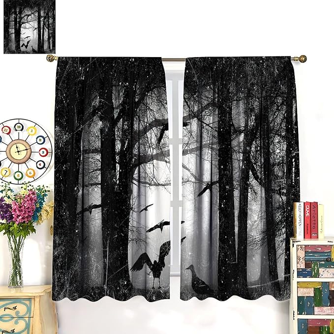 Gothic Forest Blackout Window Curtains, Halloween Style Foggy Forest Dead Trees Crow Print Curtains, for Bedroom Living Room 31.5(W)*63(L) 2 Panels