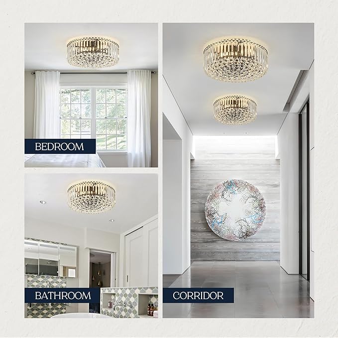 17.3" Black K9 Crystal Raindrop Flush Mount Ceiling Light, Modern Chandelier, Round Luxury Light Fixture for Dining Room, Bedroom, Hallway, Kitchen Island & Living Room