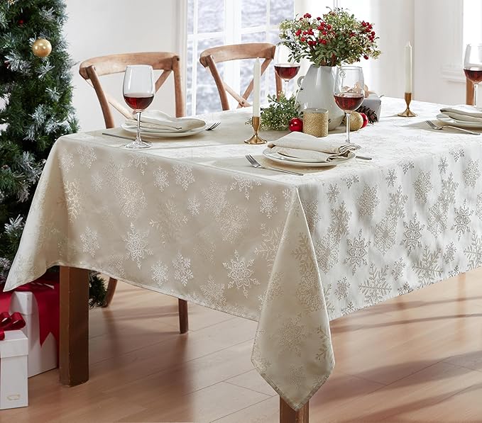 Newbridge Fancy Metallic Snowflake Christmas Fabric Napkins, Set of 4, Ivory Gold, No-Iron Soil Resistant Sparkling Snowflakes Woven Holiday Cloth Napkins