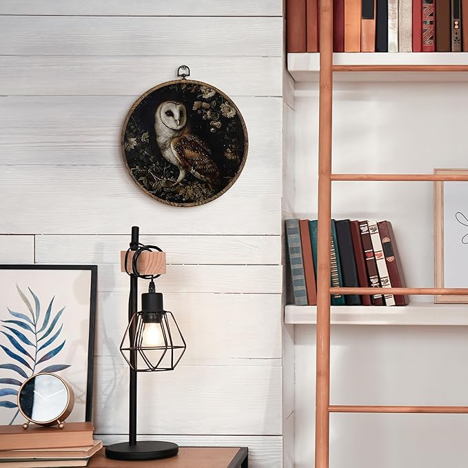 KFXHANGD Gothic Owl Round Wall Art Framed, Dark Cottagecore Owls Canvas Wall Art Decor, Witchy Owls Floral Hanging Decor for Bedroom Bathroom Living Room, Owl Lover Gifts, 10x10inch