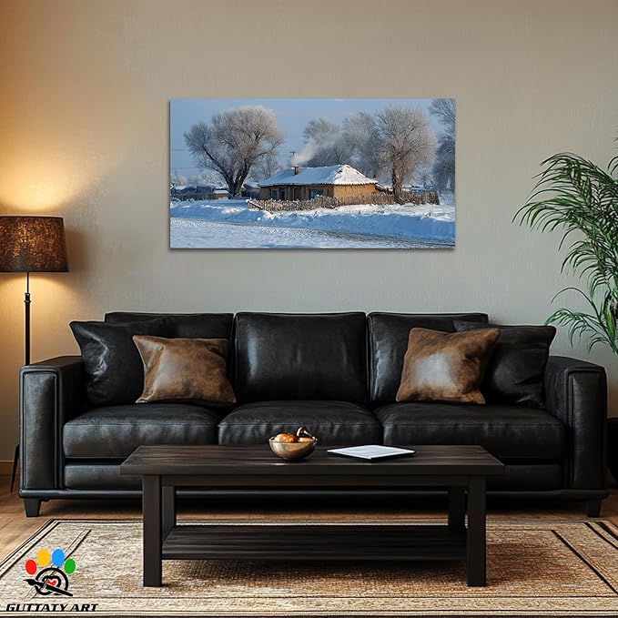GUTTATY Christmas Winter Scene Canvas Wall Art, Cozy Snow-Covered House Canvas Prints, Peaceful Rural Snow Scene Wall Decor, Winter Pictures Posters for Living Room, Holiday Gift, 48x24 Inch