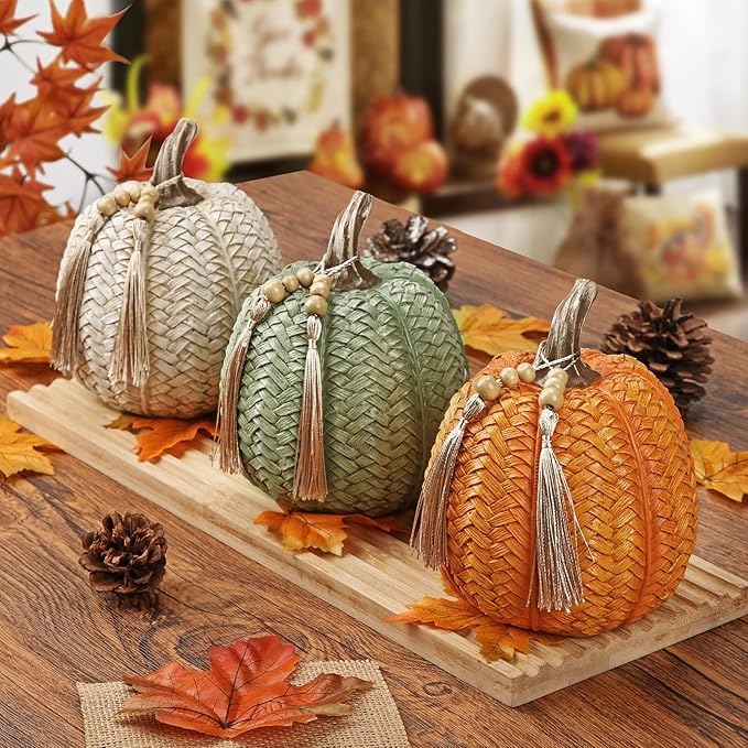 Hollyone Pumpkins Fall Decoration, 3 Pack Woven Resin Pumpkins Decorative Autumn Fake Pumpkin for Home Thanksgiving Harvest Halloween Wedding Table Centerpiece Shelf Indoor Outdoor Porch Decor