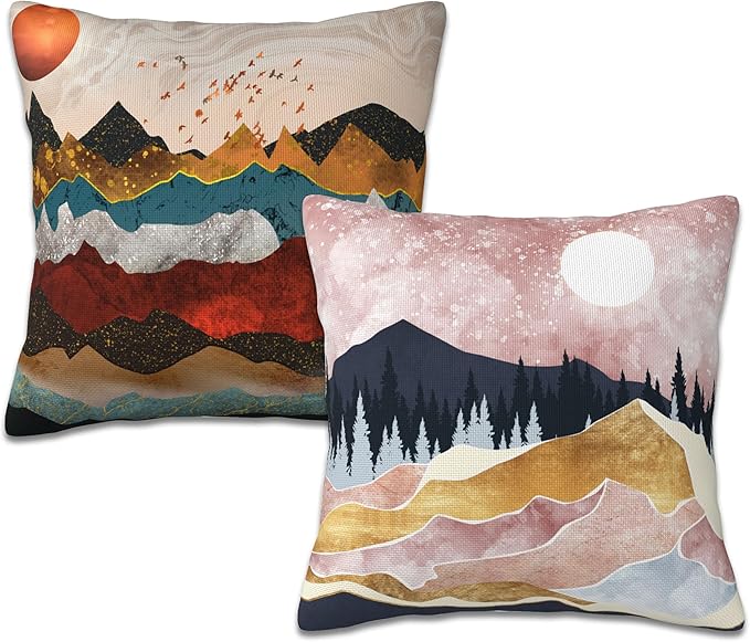 Throw Pillow Covers Golden Mountains Pillow Covers 18x18 Inch Set of 2 Colorful Mountains Throw Pillows Decorative Pillow Cases Cushion Covers for Bedroom Livingroom Sofa Farm House