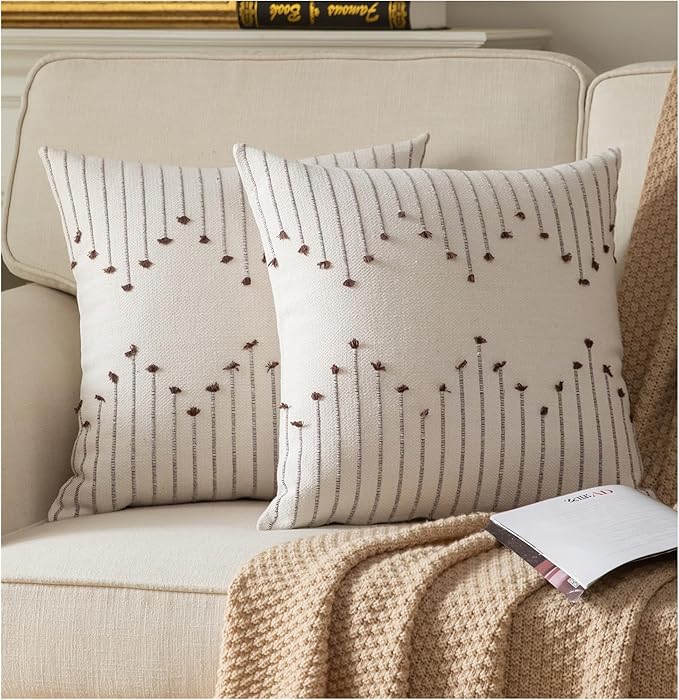 Boho Throw Pillow Covers 20x20 Set of 2 Decorative Pillows for Bed, Neutral Pillow Covers Beige with Coffee Line Throw Pillows for Modern Farmhouse Couch Sofa Living Room Outdoor