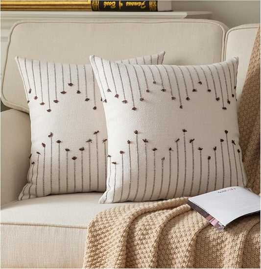 Boho Throw Pillow Covers 20x20 Set of 2 Decorative Pillows for Bed, Neutral Pillow Covers Beige with Coffee Line Throw Pillows for Modern Farmhouse Couch Sofa Living Room Outdoor