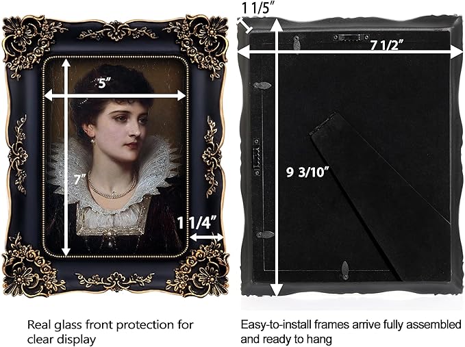 Gothic Picture Frame 5x7 Black Vintage Picture Frames Antique Ornate Baroque Victorian for Tabletop or Wall Display with Glass Front