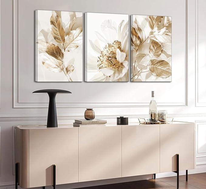 3 Pcs Modern White Floral Golden Leaves Canvas Wall Art Neutral Boho Beige Botanical Painting Pictures Nordic Wall Decor Posters Print Artwork for Bedroom Living room Office Home Decoration
