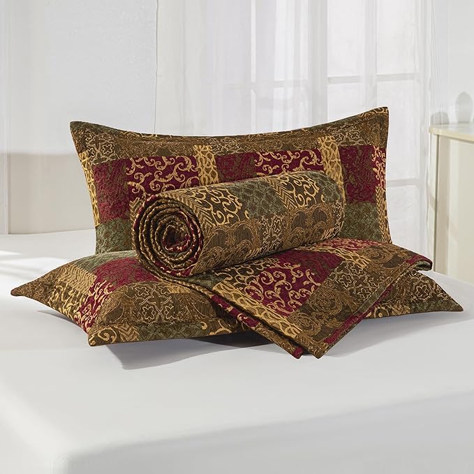 Loom and Mill Luxury Quilt Set 3 Piece, Traditional Patchwork Quilted Bedspread Queen Size with 2 Shams, Soft Lightweight Jacquard Bedding Coverlet Set for Christmas All Season (Red Gold, Queen)