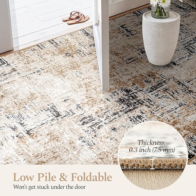 Rugflix 5x7 Area Rug for Living Room, Washable Modern Abstract Rug Low-Pile Non Slip Backing, Soft Large Farmhouse Carpet for Bedroom Dining Room Home Office, Brown Grey