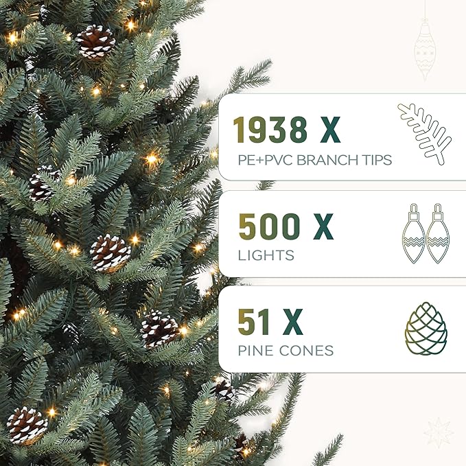 YITAHOME 7.5FT Prelit Blue Christmas Tree with Remote, Pre-Decorated Artificial Hinged Hillside Spruce Holiday Xmas Tree with 51 Pine Cones, 500 Lights & 11 Light Modes