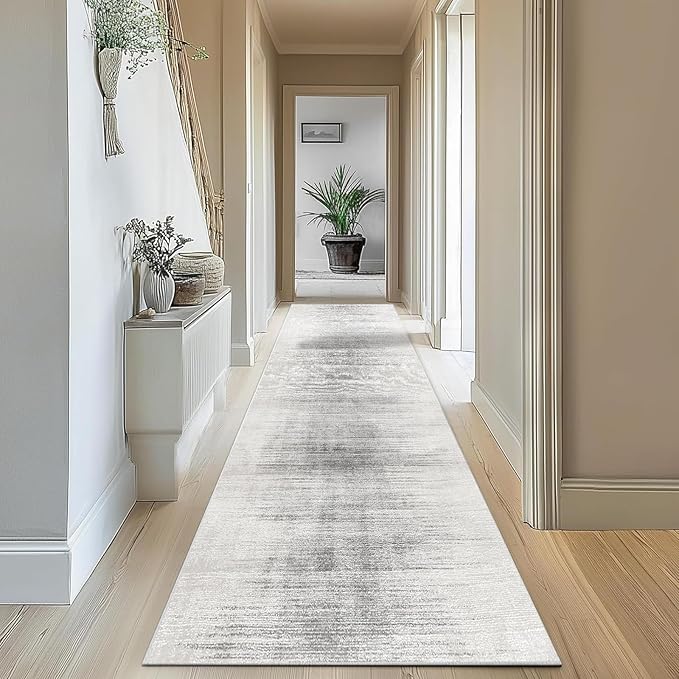 Enkor Runner Rugs for Hallway, 2'7"x10'6" Washable Soft Non Slip Abstract Rugs for Kitchen, Modern Mat for Entryway Living Room Bedroom White & Grey