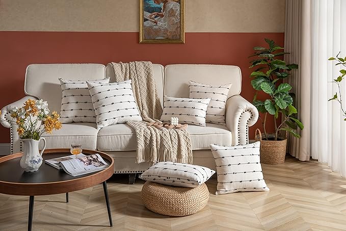 Caflife Boho Throw Pillow Covers 12x20 inches Beige and Black, Set of 2 Modern Farmhouse Decorative Pillow Covers for Couch Bed, Living Room