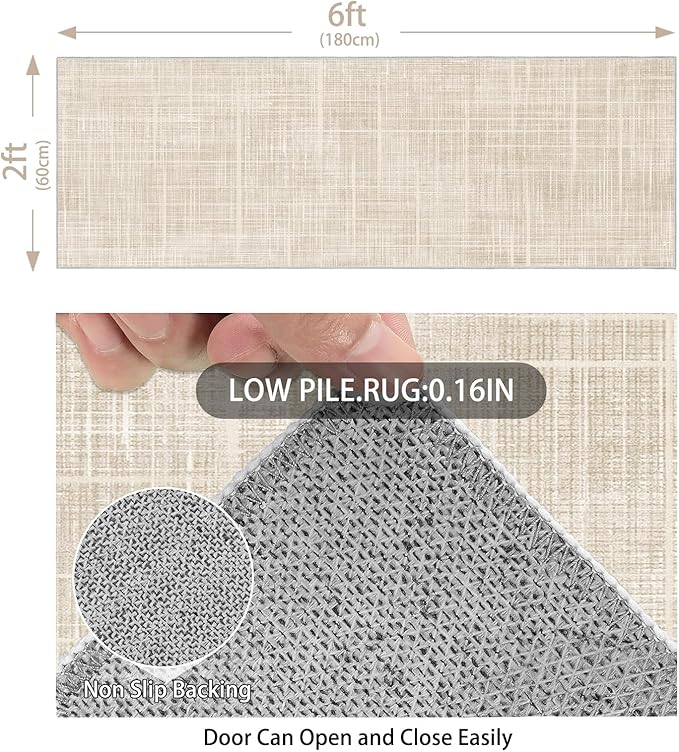 Enkor Runner Rugs for Hallway, 2x6 Washable Soft Non Slip Abstract Rugs for Kitchen, Modern Mat for Entryway Living Room Bedroom Beige Grid