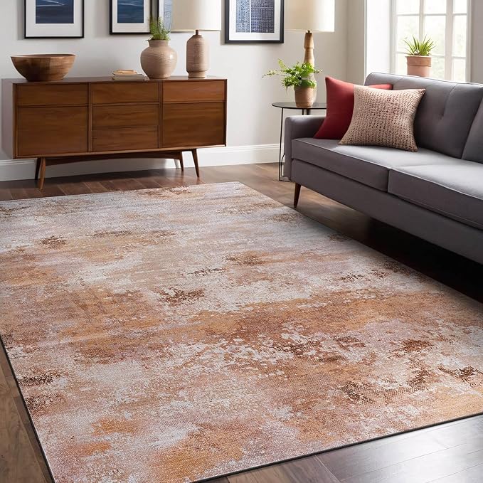 Non Slip Rugs 5x7 Modern Abstract Easy Silk Rubber Backing Soft Area Rug for Living Room Easy to Clean Non Shedding Kitchen for Bedroom Indoor Carpet (Beige - Brown, 5x7)