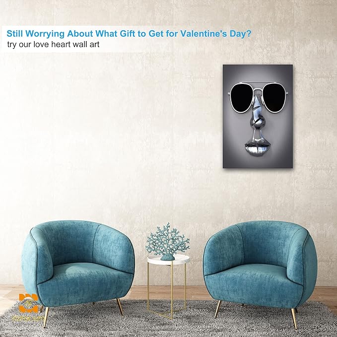 3D Metal Effect Wall Art - 3D Wall Art Decor Artwork Wear Sunglasses Siliver Figure Statue Modern Art Canvas Painting, Large Wall Art for Bedroom Dercor Framed 24”x36”x1Pcs
