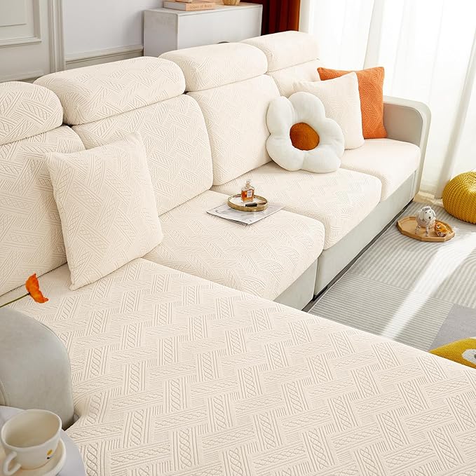 hyha Individual Couch Cushion Covers, Stretch Magic Sofa Seat Cushion Covers Washable, Dog Couch Sofa Slipcover for Pets, Kid with Elastic Bottom(Back Cover L, Beige)