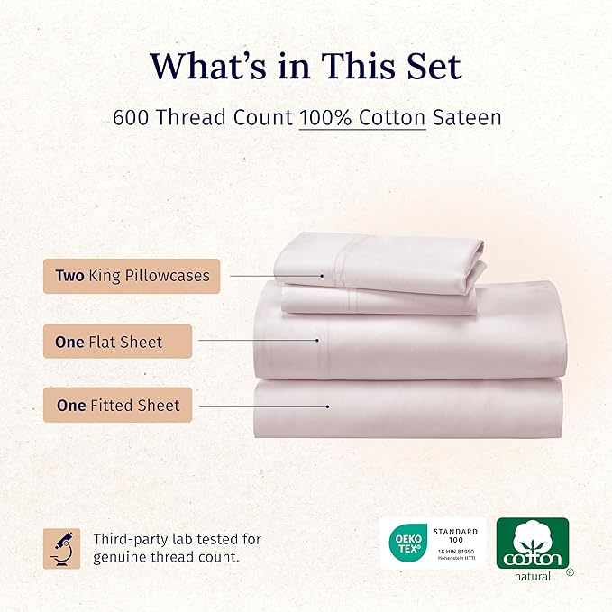 California Design Den California King Sheet Set - 100% Cotton, 600 Thread Count Deep Pocket Cal King Sheet Set, Luxury Soft Hotel-Quality Sheets with Sateen Weave - Blush Pink