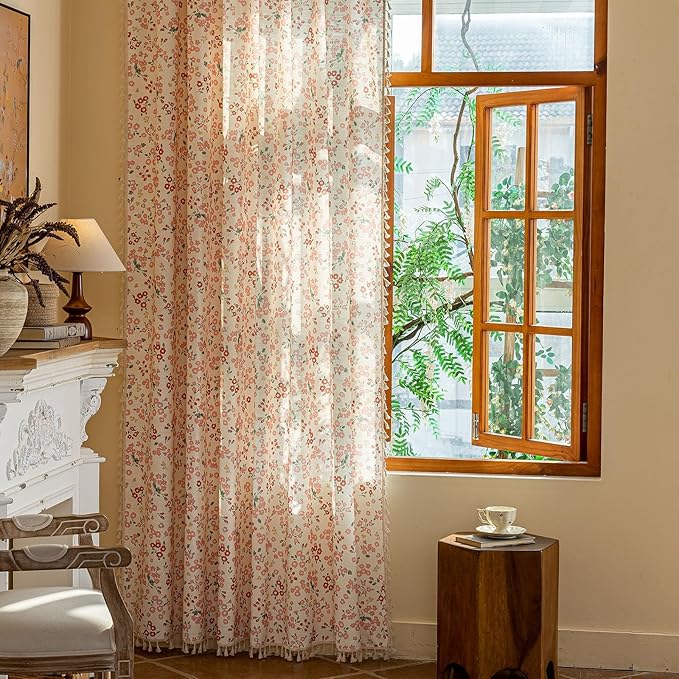 OYX Pink Boho Farmhouse Floral Curtains 96 Inch Long 2 Panels For Living Room, Flower Girl Bedroom Light Filtering Drapes, Vintage Country French Patterned Rod Pocket Aesthetic Decor Window Treatments