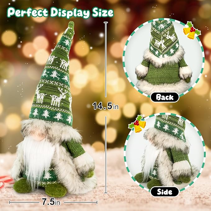 Gnome Christmas Decorations - Plush Nordic Figurine with Green Reindeer Knit Hat & Faux Fur Cloak, Rustic Tabletop Holiday Gnome Decor for Mantel, Shelf, or Gift Idea