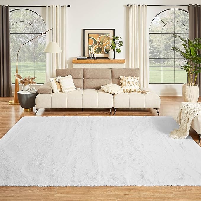 Floralux Bedroom Rug 9x12, Large White Shag Rugs for Living Room, Soft Fluffy Large Area Rug, Non-Slip Plush Modern Floor Carpet for Nursery, Dorm Home Decor Aesthetic
