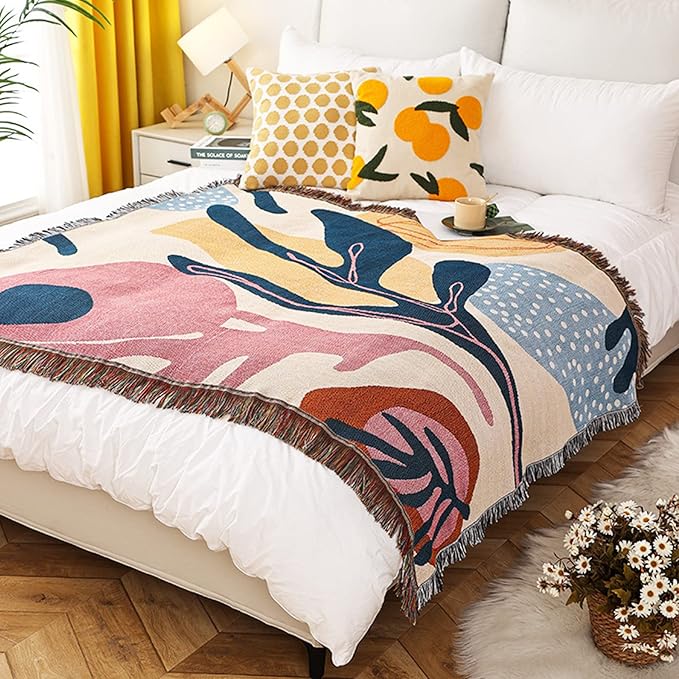 Double-Sided Cotton Woven Throw Blanket with Tassel Jungle Bohemian Style Tapestry Shawl Multi-Function Decorative Throws for Sofa Bed Armchair Camping Blanket Tablecloth Carpet 160x130cm