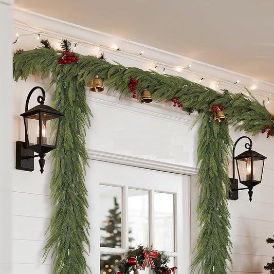 12FT(2*6FT) Christmas Norfolk Pine Garland, Soft Real Touch Faux Green Garlands, Holiday Decor Winter Artificial Greenery Garland for Mantle, Stairs, Table, Fireplace, Indoor Outdoor Xmas Decorations