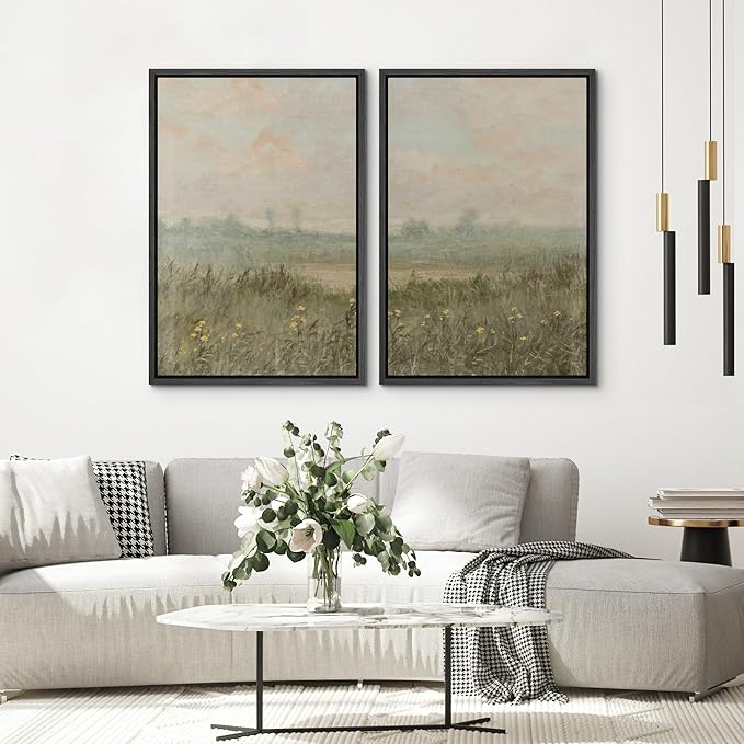 SIGNWIN Framed Wall Art Print Set Serene Meadow at Dawn Soft Impressionist Landscape Illustrations Minimal Decorative Nordic Zen Bohemian for Living Room, Bedroom, Office - 24"x36"x2 Black