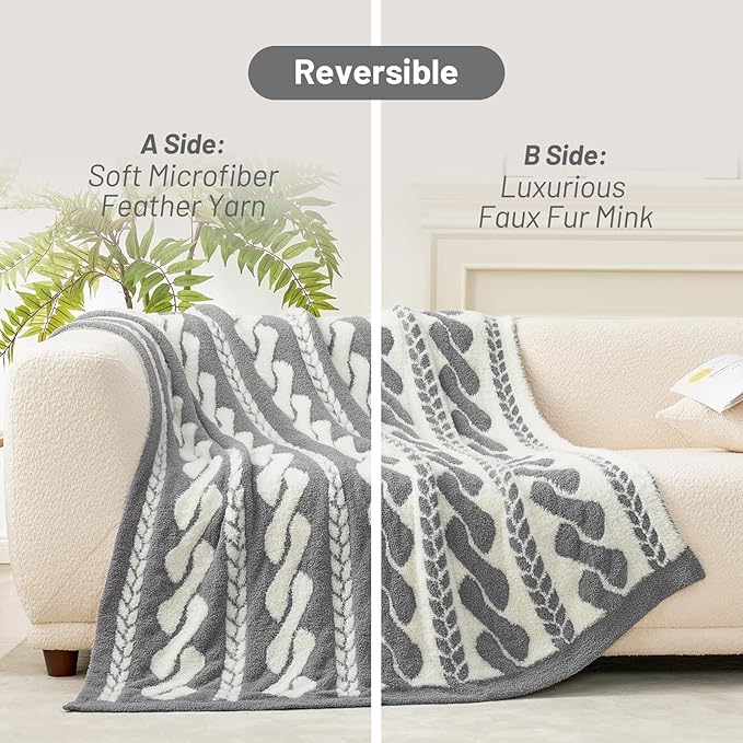 Amélie Home Cable Knit Throw Blanket for Couch, Bicolour Super Soft Fuzzy Blanket for Sofa, Luxury Cozy Fluffy Throw for Room Decor, 50" x 60", Cable Grey & White