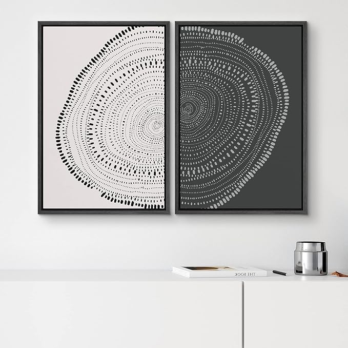 SIGNWIN Framed Canvas Print Wall Art Set Spiral Dot Pattern Wood Tree Rings Abstract Shapes Illustrations Modern Art Decorative Nordic Multicolor for Living Room, Bedroom, Office - 16"x24"x2 Black