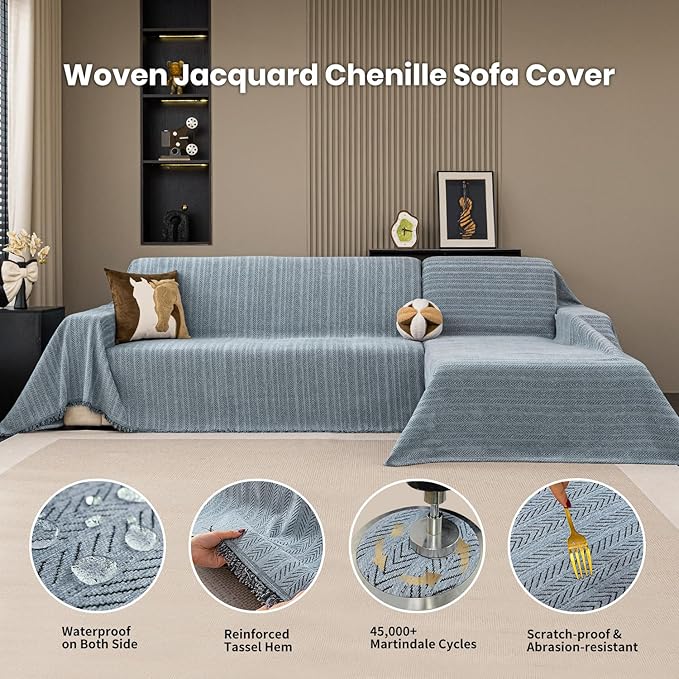 Nobildonna Sofa Cover Washable Soft Thicken Chenille Couch Cover with Tassel,Waterproof Sofa Slipcover for 3-4 Cushion Couch,Sectional Sofa,L-Shaped Furniture Protector Pet-Friendly,Dusty Blue71 x134