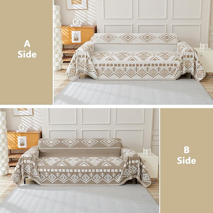 MEETSKY Boho Couch Cover Sofa Covers for Dogs，Decorative Soft Blend Washable Sofa Slipcovers Simply Put Sofa Throw Cover for Living Room, Khaki, 71" x 118"