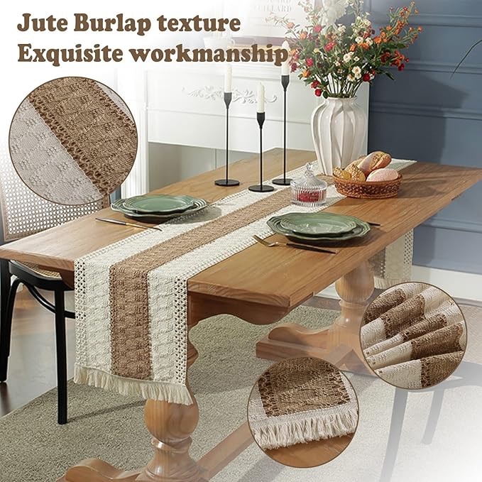 Boho Burlap Macrame Table Runner, Farmhouse Style Cotton Linen Rustic Woven Table Runner with Tassels for Dining, Wedding, Bridal Shower, Bohemian (12x72 inch, Coffee Stripe)