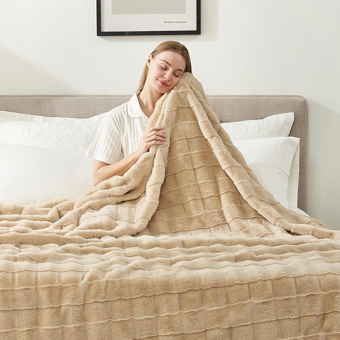 Cozy Bliss Fluffy Faux Fur Blanket King Size for Bed, Fuzzy Soft Striped Plush Blanket, Thick Throw for Bedroom Couch Gift, 108x90 Inches Beige