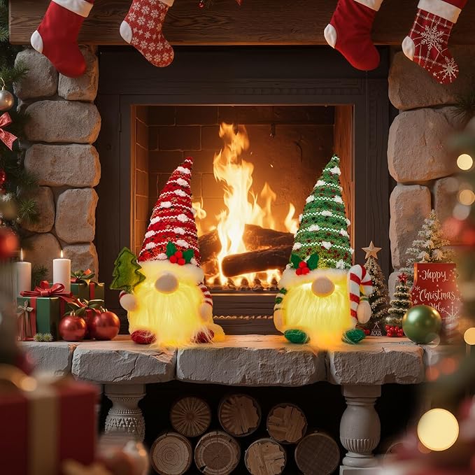 Christmas Gnome Decorations Indoor 11.4inch Light Up Christmas Gnomes Plush Home Decor Leprechaun Hold Candy Cane Ornaments with LED Lights Elf Tiered Tray Xmas Gifts Decor (Set of 2)